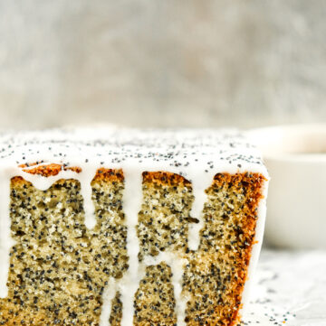 Poppy Seed Pound Cake topped with almond icing