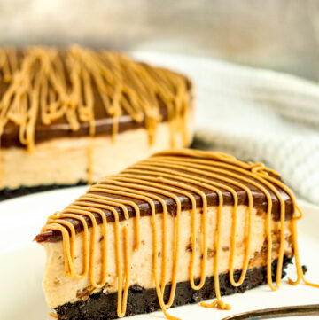 slice of cheesecake topped with a drizzle of peanut butter