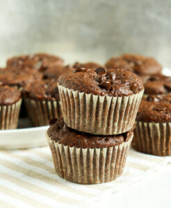 stack of double chocolate zucchini muffins