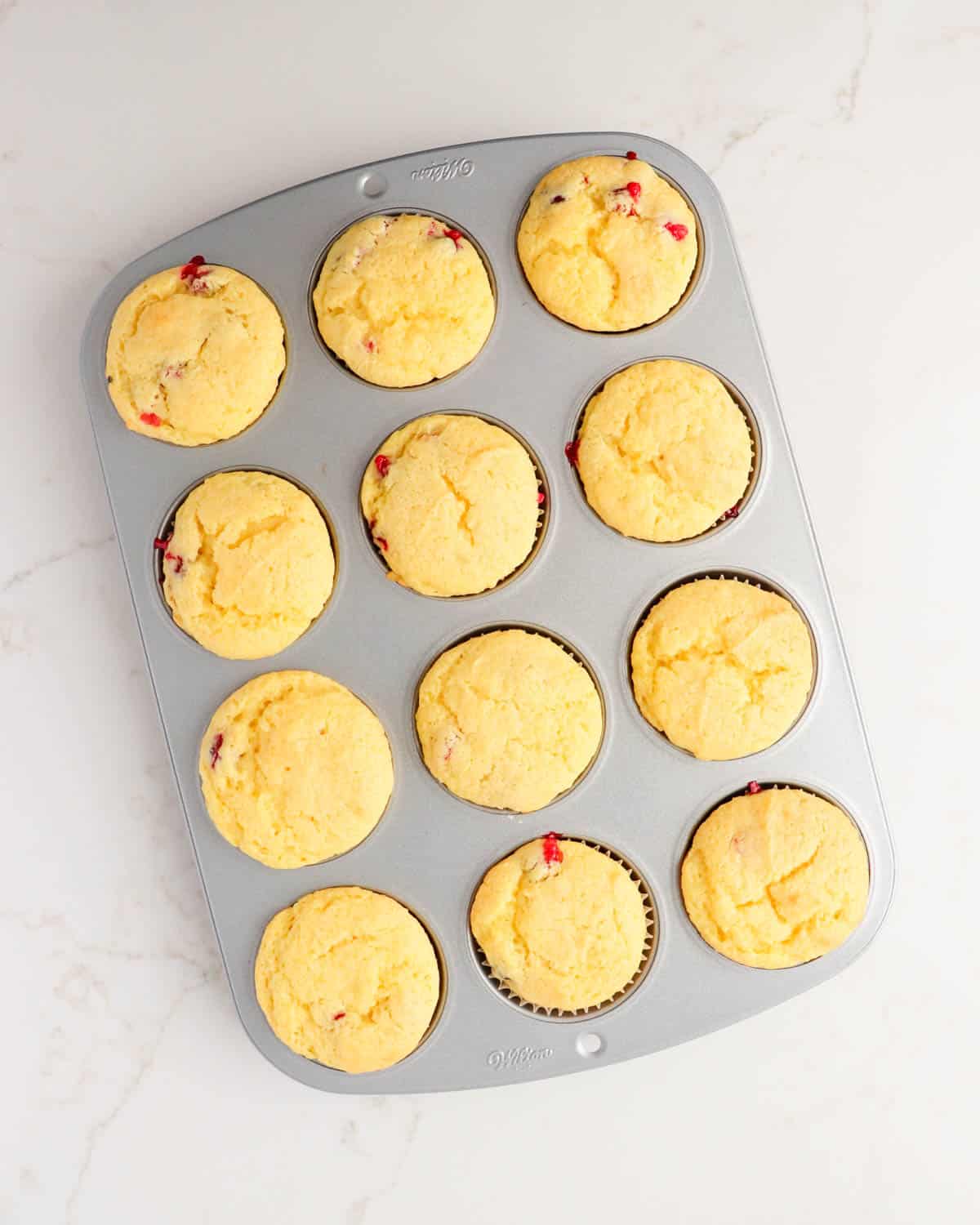 Baked muffins in a muffin tin.