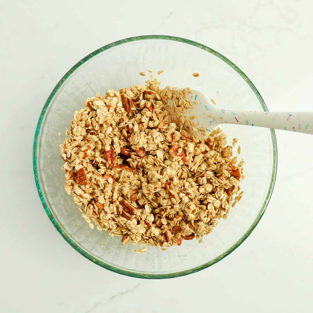 Combined granola mixture in a bowl.