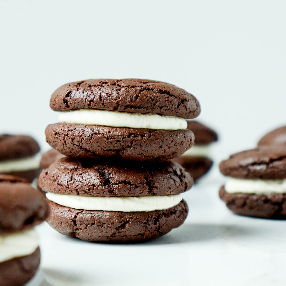 Stacked sandwich cookies.