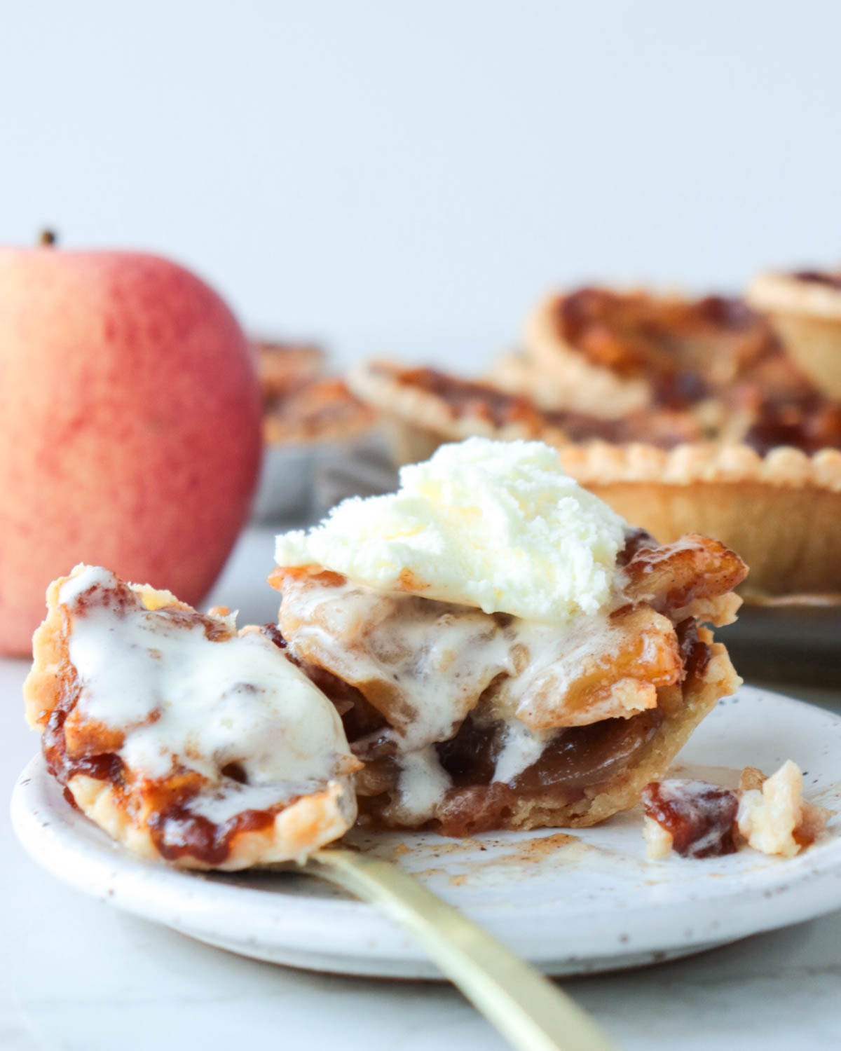 Apple tart topped with vanilla ice cream.