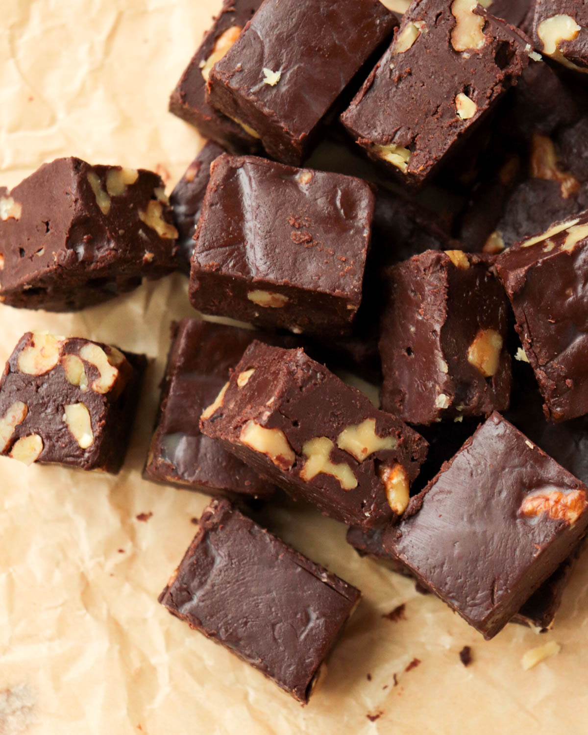 Pieces of chocolate fudge with walnuts.
