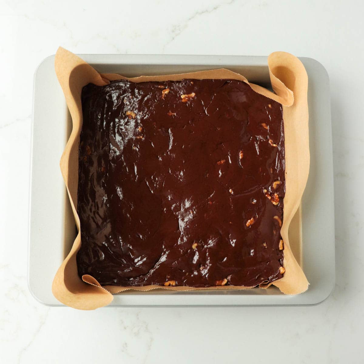 Fudge in a metal baking pan.