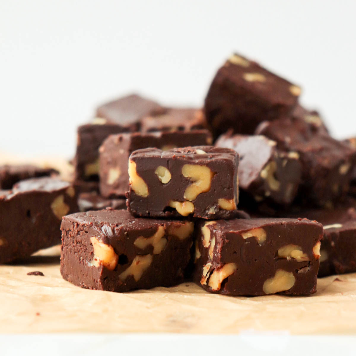 Pieces of fudge stacked.