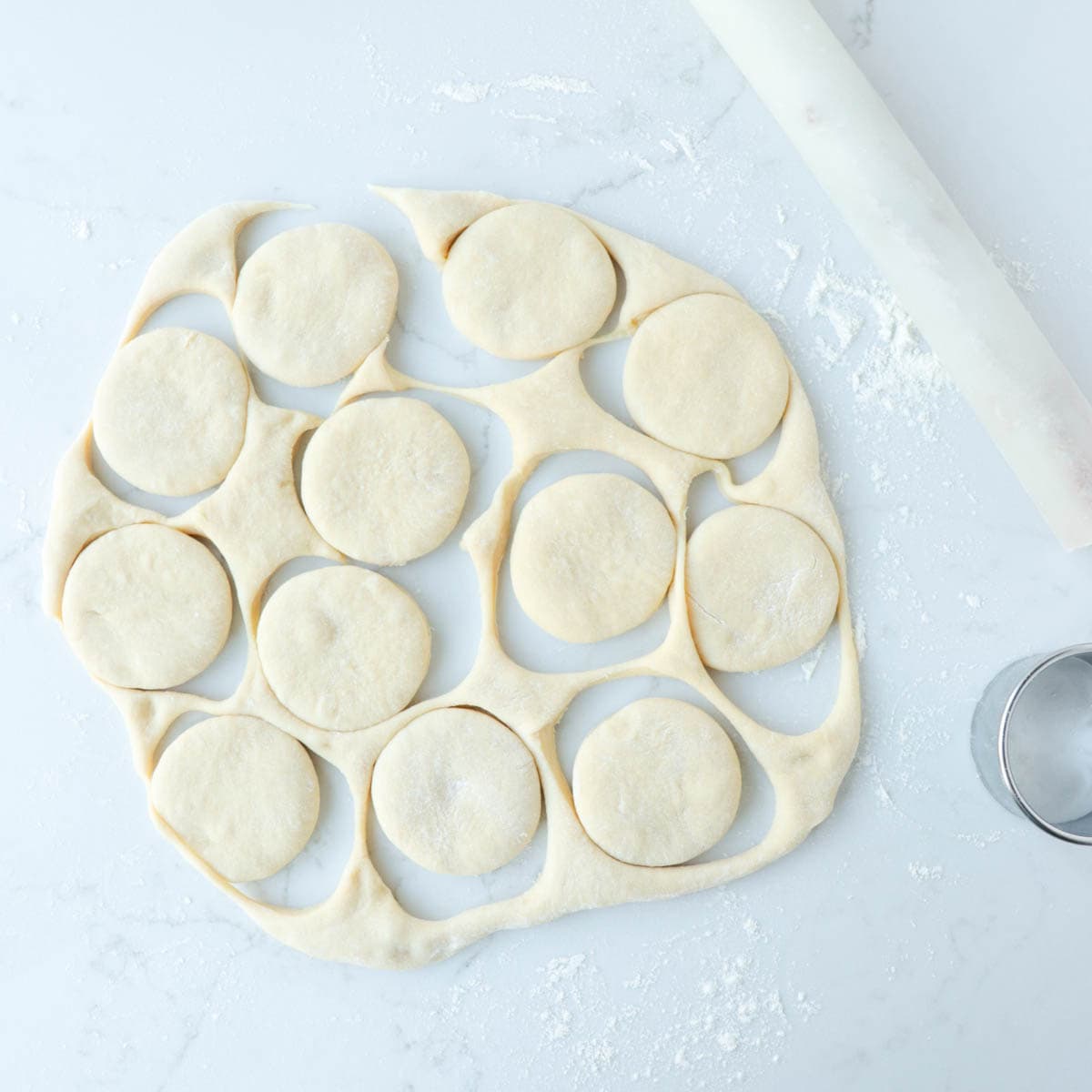 Doughnuts cut out of rolled out dough.