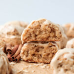 Interior of oatmeal scone topped with brown sugar icing.