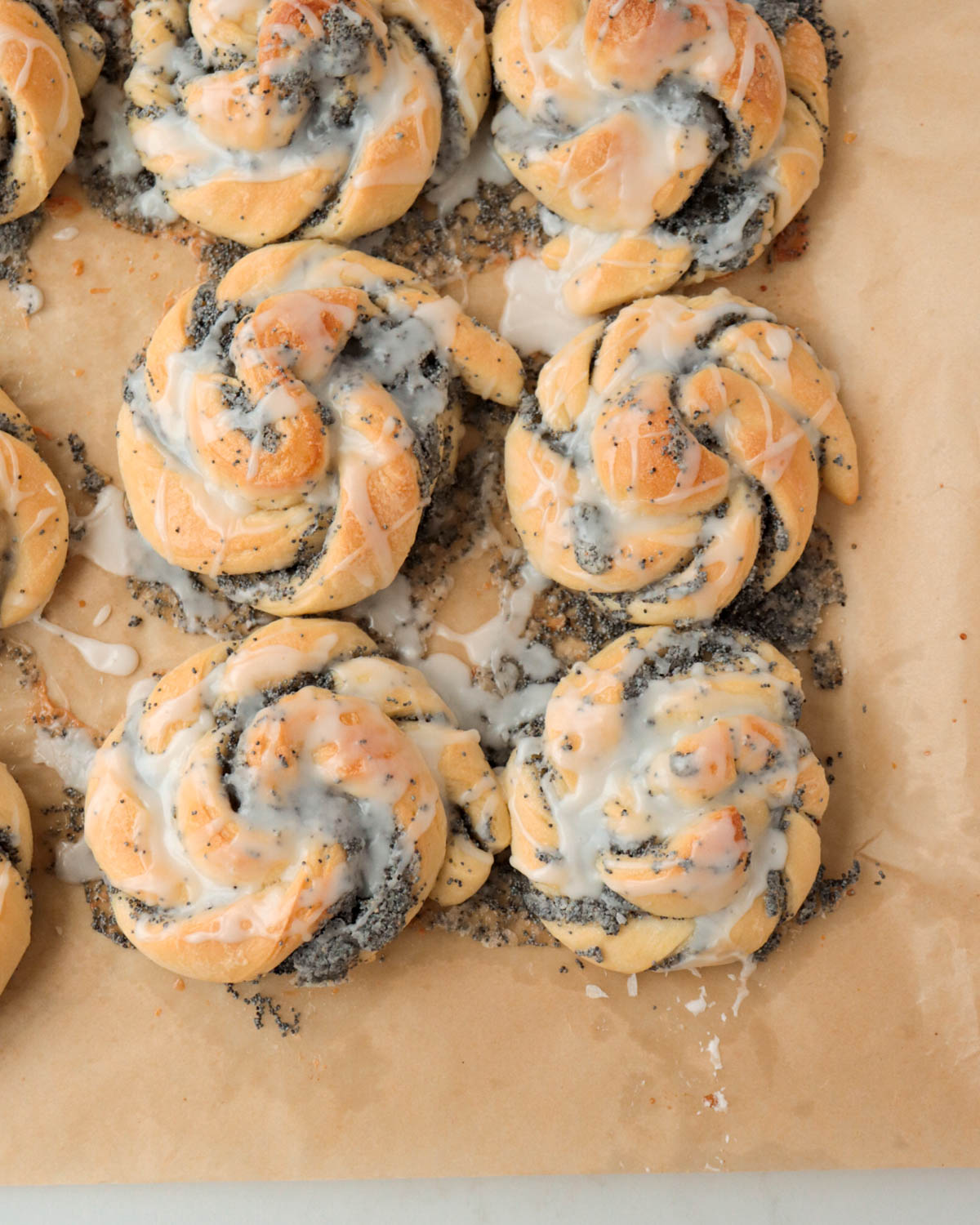 Poppy seed buns topped with icing.